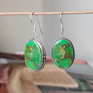 Grün Kupfer Türkis Silber Ohrringe | 925 Sterling Silber Ohrringe | Oval Form Edelstein Ohrringe | Weihnachtsgeschenk | Geschenk für sie
