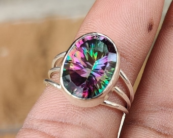 Natural Mystic Topaz Ring-Handmade Silver Ring-925 Sterling Silver Ring-Oval Mystic Topaz Designer Ring-Gift for her-Anniversary Ring, *****