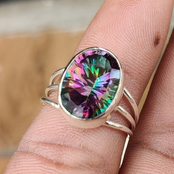 Natural Mystic Topaz Ring-Handmade Silver Ring-925 Sterling Silver Ring-Oval Mystic Topaz Designer Ring-Gift for her-Anniversary Ring, *****