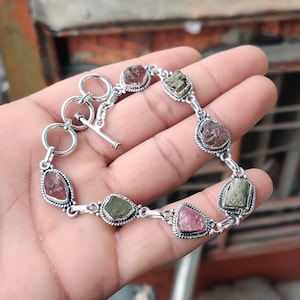 Pulsera de piedras preciosas de turmalina, pulsera de plata maciza 925 * Pulsera con dijes, piedra natural, última pulsera, pulsera de piedra cruda,