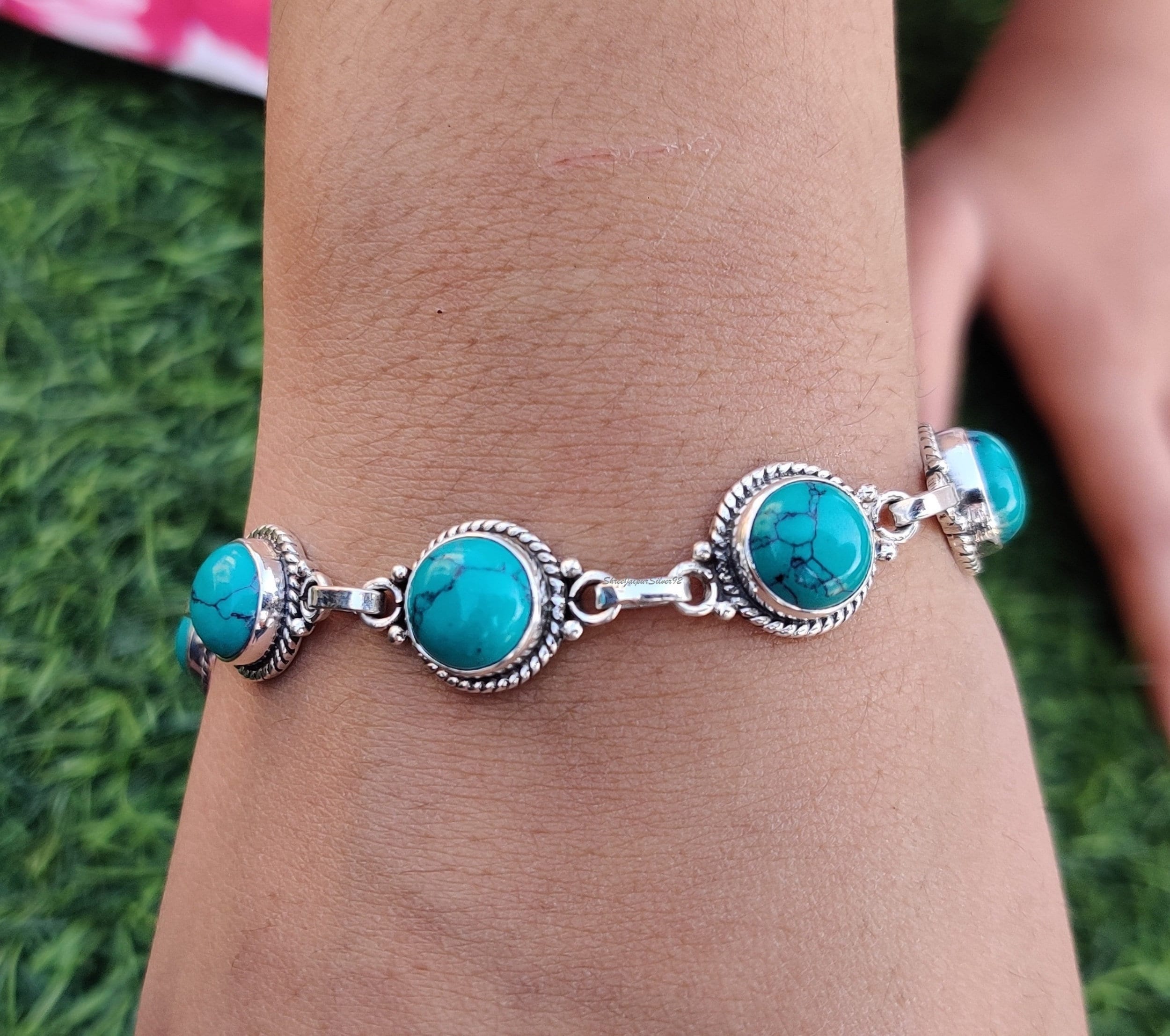 Blue Turquoise Gemstone Bracelet 925 Sterling Silver Women's