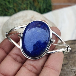 Unique Lapis Lazuli Gemstone Bangle 925 Sterling Silver Adjustable Bangle