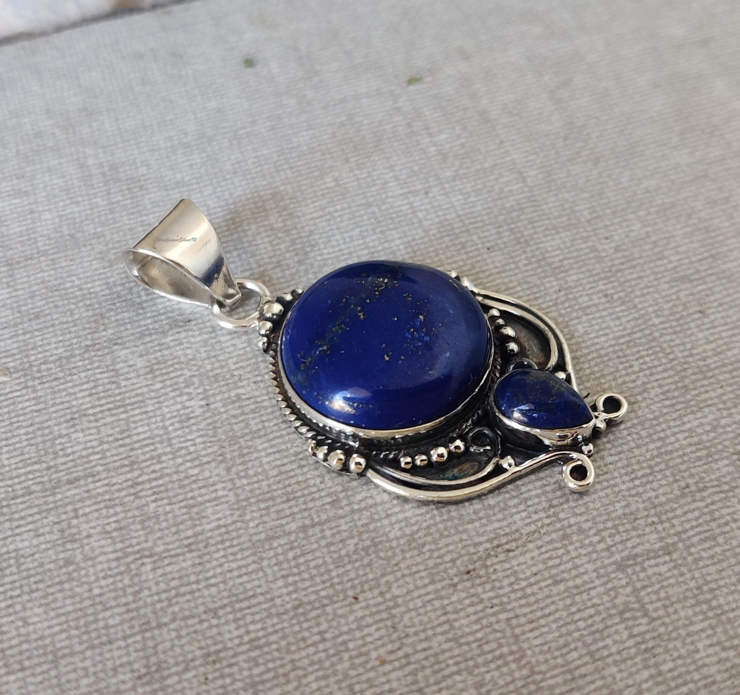 Handmade Lapis Lazuli Gemstone Pendant Necklace - 1.58 Inch Blue Stone, Silver Plated, Hook Closure