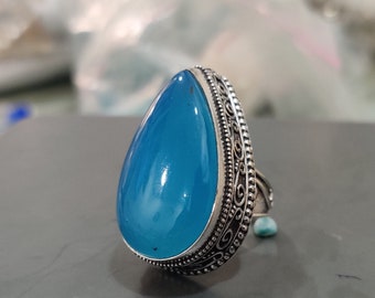 Blue Chalcedony Ring, 925 Sterling Silver Pear Shape Gemstone Ring, Designer Big Stone Ring, Handmade Ring, Engagement Ring, Christmas Gift