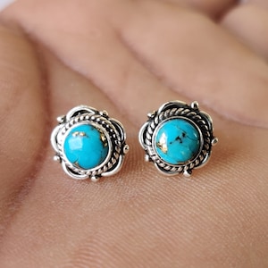 925 Sterling Silver Blue Turquoise Flower Stud Earrings 8mm Diameter Gift Boxed, Lovely Blue Turquoise Stud Earring, Handmade Stud Earring