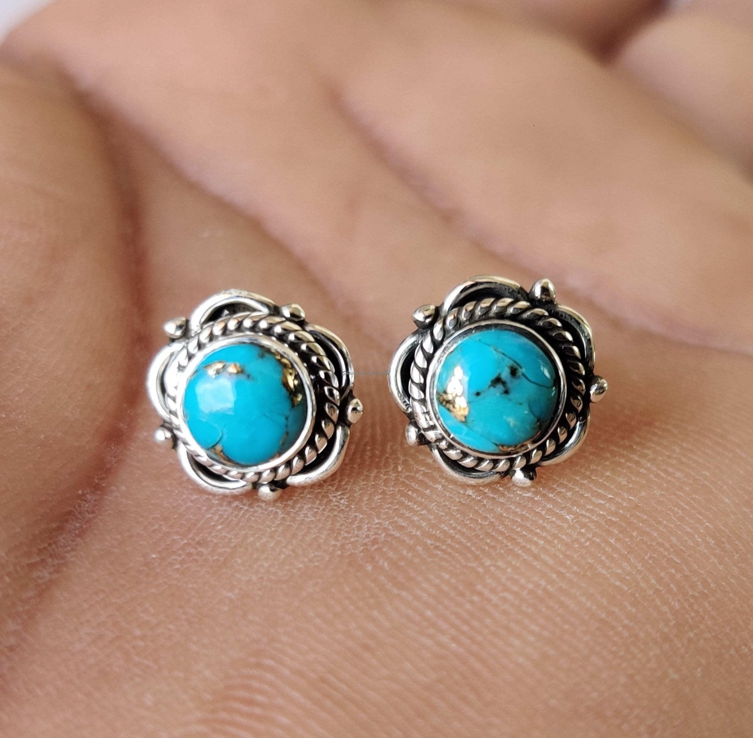 Boucles D'oreilles Vintage Bronze Avec Perles Turquoise - Pendantes, Travail D'artiste Français - Occasion Parfaite