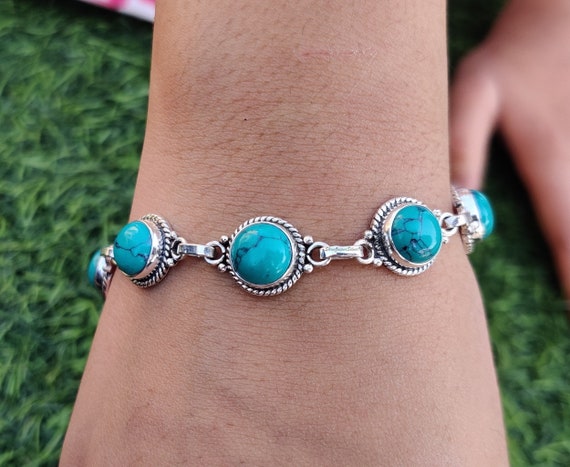 Blue Turquoise Gemstone Bracelet 925 Sterling Silver Women's Blue Turquoise Gemstone Bracelet 925 Sterling Silver Women's