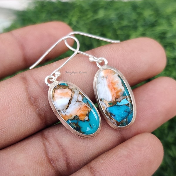 Earring Oyster Copper Turquoise Silver Round Dangle Earring | 925 Sterling Solid Silver Earrings |Designer Round Gemstone Earrings Gift,