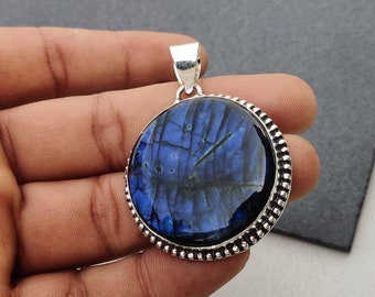 925 Sterling Silber Labradorit Anhänger: Rund Blau Cabochon Halskette