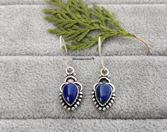 Unique Lapis Lazuli Gemstone Earrings 925 Sterling Silver Boho Pendant