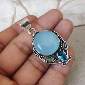 925 Sterling Silver Pendant , Natural Blue Chalcedony Pendant , Handmade Silver Pendant, Pear Blue Topaz Pendant, Birthstone Pendant Jewelry