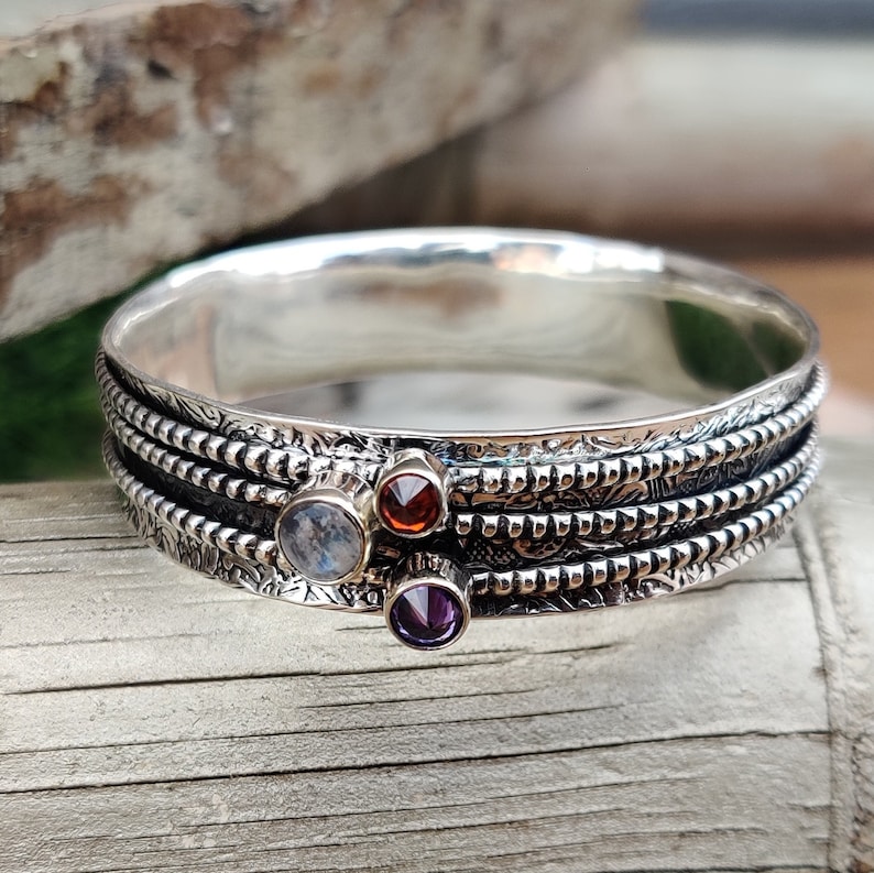 Moonstone Bangle, Three Gemstone Bangle, Spinner Bangle, Bohemian Bangle, 925 Sterling Silver , Amethyst Bangle, Beautiful Bangle, Gift Item image 3