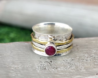 Rubin Spinner Ring, 925er Silber Spinner: Meditation Fidget Angst Band Schmuck