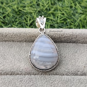 Genuine Blue Lace Agate Necklace,Solid 925 Sterling Silver handmade Jewelry,Christmas Gift,Anniversary Present, Silver Pendant Necklace Gift