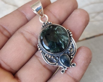 Seraphinite Pendant: 925 Sterling Silver Cabochon Gemstone Neckless