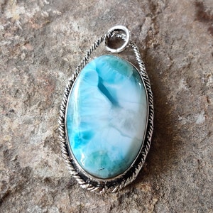 Pingente de larimar natural em colar de prata esterlina italiana 925, presente para ela, colar de larimar, presente de aniversário, algo azul, pingente boho