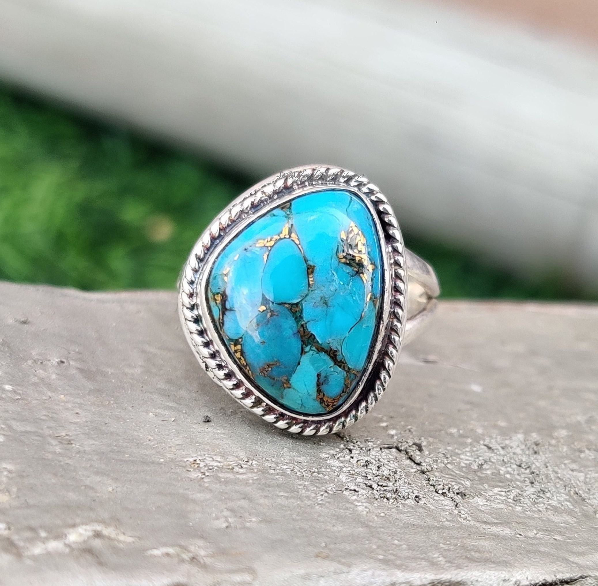 Genuine Blue Copper Turquoise Ring: 925 Sterling Silver Band, Boho