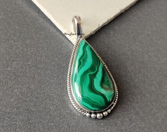 Handmade Pear Malachite Pendant: 925 Sterling Silver Necklace