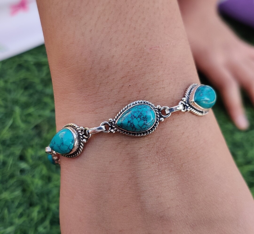 Turquoise Gemstone Bracelet, 925 Sterling Silver Jewelry, Designer