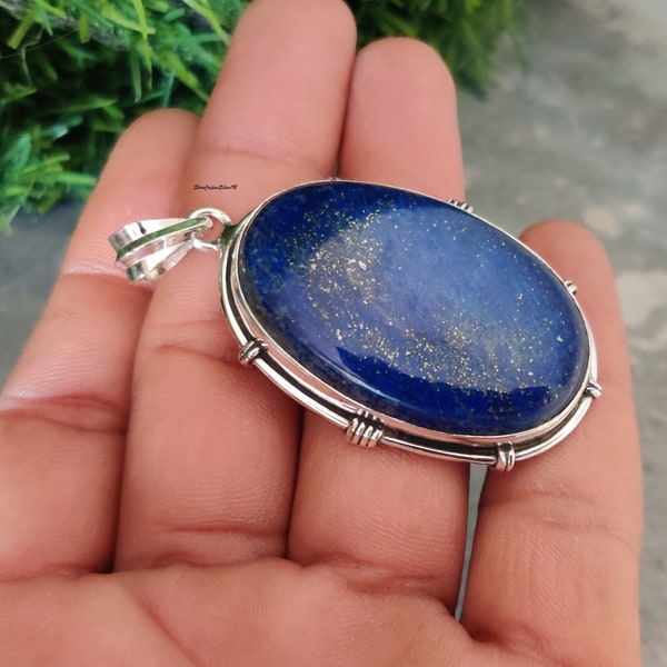 Big Oval Lapis Lazuli 925 Sterling Silver Necklace Pendant For Women, Handmade Carving Gemstone Pendant, Birthstone Pendant, Minimalist Gift