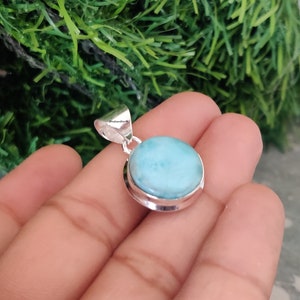 Amazing Larimar AAA + Quality Gemstone Pendant Cabochon Round Pendant 925-Sterling Silver Pendant ,Antique Silver PendantCyber2023Birthstone