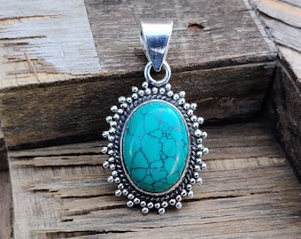 Oval Turquoise Gemstone Pendant 925 Sterling Silver Wedding Jewelry