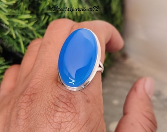 Anello di calcedonio blu naturale, anello in argento sterling 925, anello di calcedonio ovale, anello d'argento fatto a mano, anello di promessa, pietra portafortuna del Sagittario****