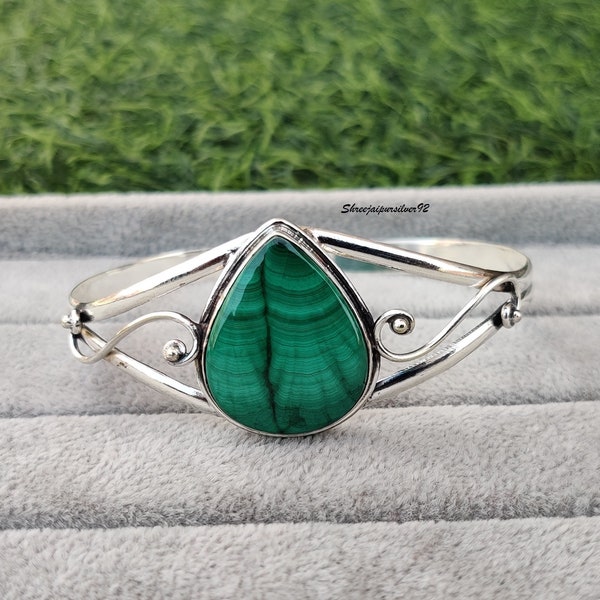 Malachite Bangle. Green Stone 925 Sterling Silver, Statement bangle, Cuff Bangle. Adjustable Filigree, Artisan Bracelet, gift for mother