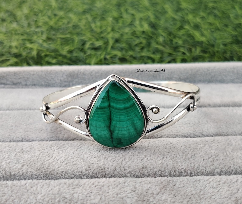 Malachite Bangle. Green Stone 925 Sterling Silver, Statement bangle, Cuff Bangle. Adjustable Filigree, Artisan Bracelet, gift for mother image 1