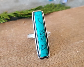 Hammered Blue Turquoise 925 Sterling Silver Textured Band Ring For Women, Handmade Long Gemstone Rectangle Bar Ring Gift For Her, Gift Items