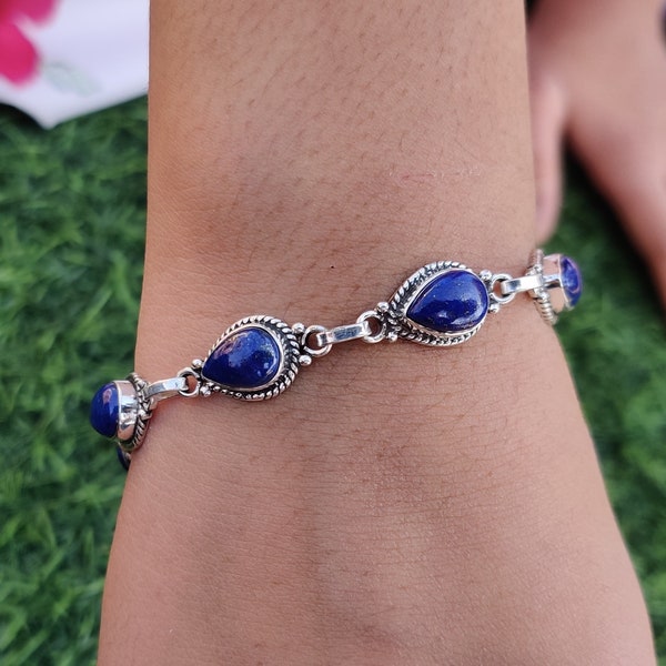 Lapis Lazuli Bracelet, Handmade Bracelet for Women, Solid 925 Sterling Silver, Pear Lapis Bracelet, Anniversary Bracelet, Gemstone Bracelet