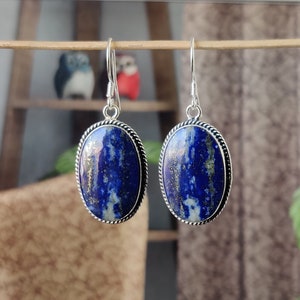 Natural Lapis Lazuli Earrings, Solid 925 Sterling Silver Earrings, Handmade Oval Earrings, Blue Lapis Stone Earrings, Women Wedding Earrings