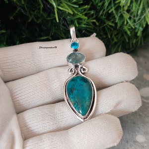 Natural Shattuckite Pendant,925Sterling Silver Pendant,Handmade Pendant,Shattuckite Jewelry,Healing Crystal,Boho Pendant,Three Stone Pendent