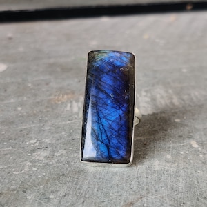 Simple Labradorite Ring, 925 Sterling Silver, Rectangle Shape, Blue Color Stone, Handmade Ring, Long Stone Three Band Ring, Engagement Ring