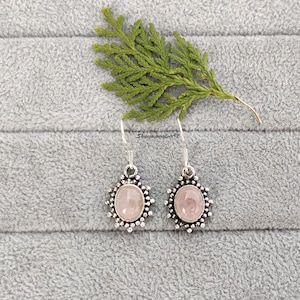 Rose Quartz Earring-925 Sterling Silver Earring-Handmade Design Earring-Boho Earring-Oval Stone Earring-Gemstone Healing-Her etsy Cyber2023