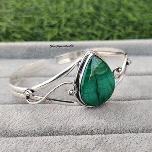 Malachite Bangle. Green Stone 925 Sterling Silver, Statement bangle, Cuff Bangle. Adjustable Filigree, Artisan Bracelet, gift for mother image 9