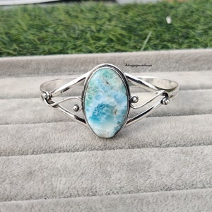 Larimar Bangle 925 Sterling Silver Bangle Adjustable Cuff Handmade Jewelry Gemstone Bracelet For Gift Decent Bangle Statement Jewelry SR73