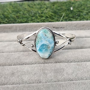 Larimar Bangle 925 Sterling Silver Bangle Adjustable Cuff Handmade Jewelry Gemstone Bracelet For Gift Decent Bangle Statement Jewelry SR73