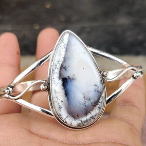 Handmade Dendritic Agate Bangle: Adjustable 925 Sterling Silver Cuff