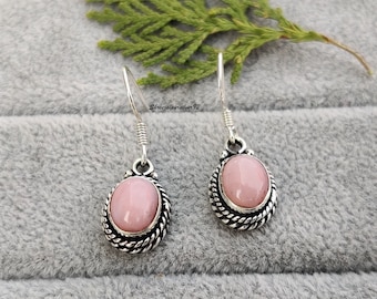 Pendientes de jade rosa con piedras preciosas de ópalo rosa de plata de ley 925, joyería de boda de plata hecha a mano para mujer, regalo de piedra natal