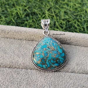 Blue Copper Turquoise Pendant, 925 Sterling Silver Pendant, Designer Silver Pendant, Turquoise Pear Pendant, Handmade Pendant,Christmas Gift