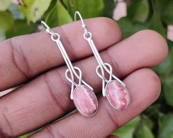 Pink Rhodochrosite Gemstone Earrings 925 Sterling Silver Designer Jewelry