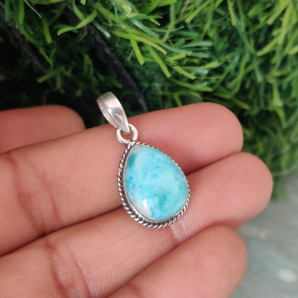 Amazing Larimar AAA+ Quality Gemstone Pendant Cabochon Pear Pendant 925-Sterling Silver Pendant, Antique Silver PendantCyber2023Birthstone