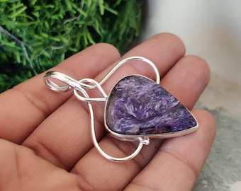 Natural Charoite Gemstone Pendant 925 Sterling Silver Purple Gemstone Jewelry