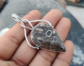 Handmade Turritella Agate Pendant: 925 Sterling Silver Gemstone Jewelry