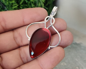 Handmade Engraved Red Garnet Pendant  925 Sterling Silver Pendant