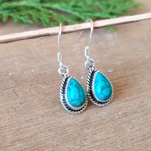 Boho Turquoise Earring, 925 Sterling Silver Teardrop Blue Turquoise Dangle Earring, Turquoise Jewelry, Hot Selling Valentine Gift, Gift Item