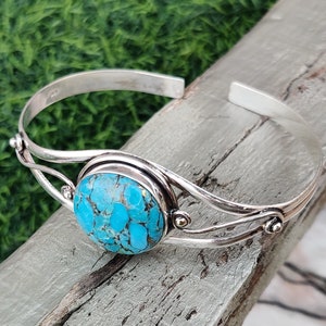 Blauer Türkis Armreif, 925 Sterlingsilber-Armband, handgemachter Armreif, schöner Armreif, Edelstein-Armband, Frauen-Armband, Geschenk für sie