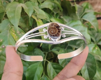 Ammonite Fossil Gemstone Bangle 925 Sterling Silver  Adjustable Bangle