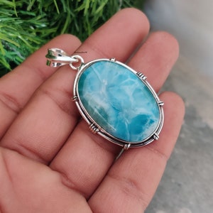 Top Quality Larimar Gemstone Pendant Oval Cabochon Stone Pendant,Big Size Pendant,Opaque Stone Pendant 925-Sterling Silver PendantCyber2023